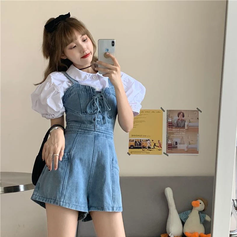 Sweet Women New Short Denim Jumpsuit Romper Women Spring Summer Overalls Female Casual All-Match Japanese Short Playsuit Korean