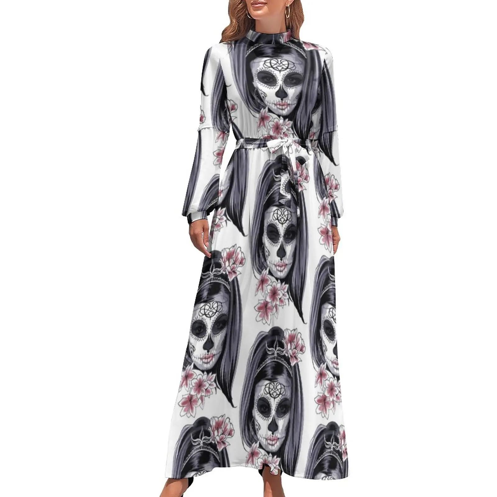 

Woman Head Mask Dress Skulls With Flowers Print Long-Sleeve Elegant Maxi Dress Spring Beach Bohemia Long Dresses Big Size