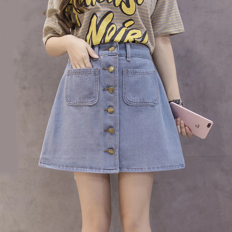 

Casual Denim Mini Summer Students High Waist Korean Single Button Pockets Fashion Jeans A-line Womens Skirts