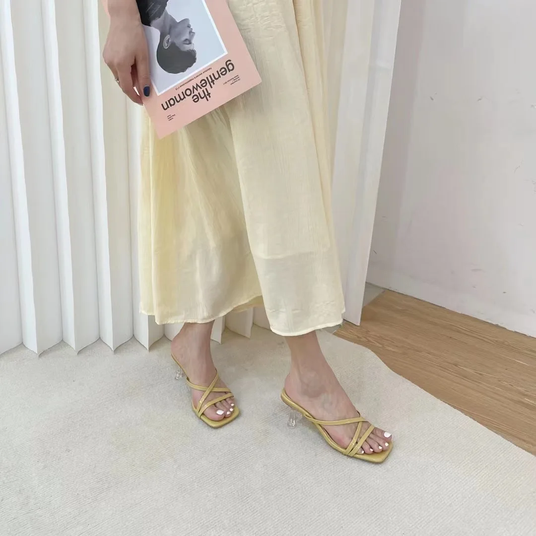 

Narrow Band Women Slippers Yellow White Silver Clear High Heels Summer Outside Slides Mules Shoes Thick Heels Elegant Sandals