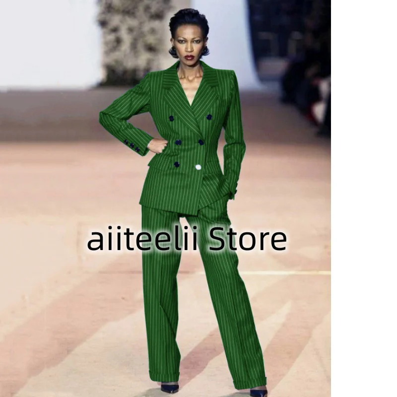 Women's Suit 2-piece Suit Fashionable Striped Double-breasted Slim Fit Handsome Lapel Collar Heroic Suitable for Business Ladies