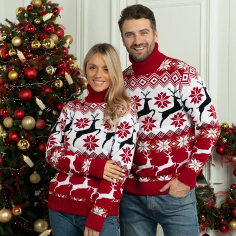 

New 2023 Women Men Christmas Sweaters Couples Matching Outfits Warm Thicken Turtleneck Jumpers Jacquard Xmas Look Y2K Clothes