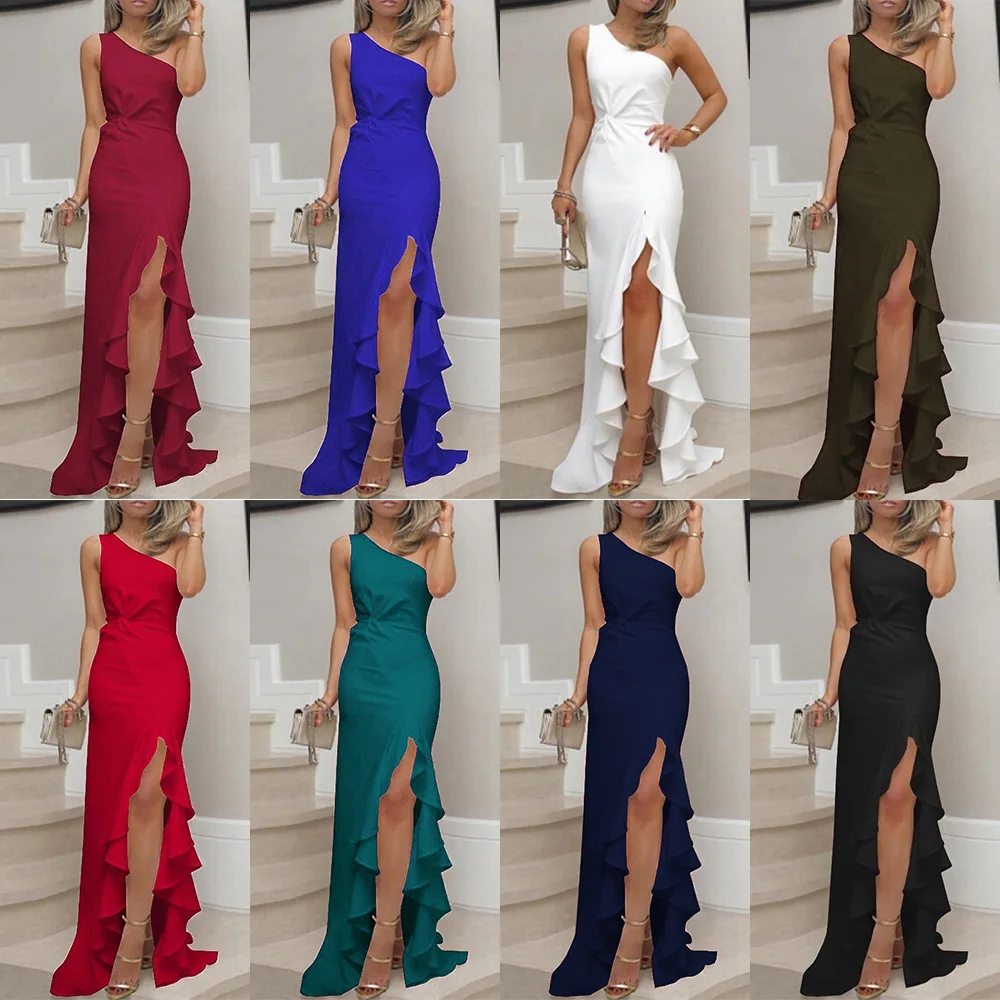 

Europe and The United States Slim-fit Wave Oblique Shoulder Ball Dress Slit Ruffled Large Party Evening Dress