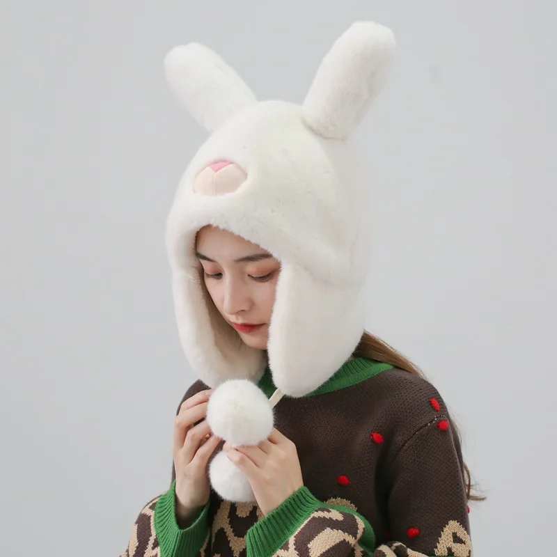 

New Rabbit Ear Hats for Women Korean Winter Cold Proof Warm Fleece Ear Protection Lei Feng Hat Sweet Pullover Bomber Cap