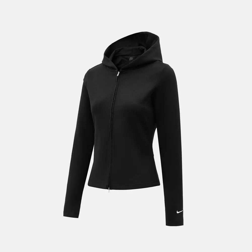 Фото Женская вязаная куртка Nike IM8380 010 с капюшоном на молнии, вышитым логотипом Swoosh, разрезами на манжетах, повседневная спортивная верхняя одежда, черно-белая. №1