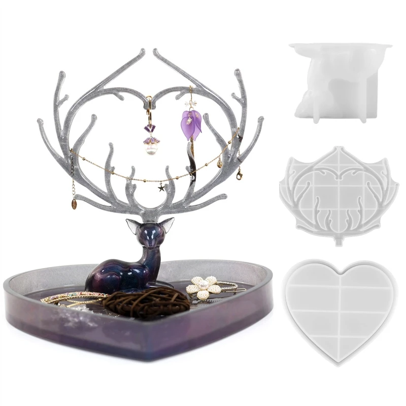 

DIY Jewelry Storage Box Crystal Epoxy Resin Mold Fawn Jewelry Stand Antler Tray Mirror Silicone Mould