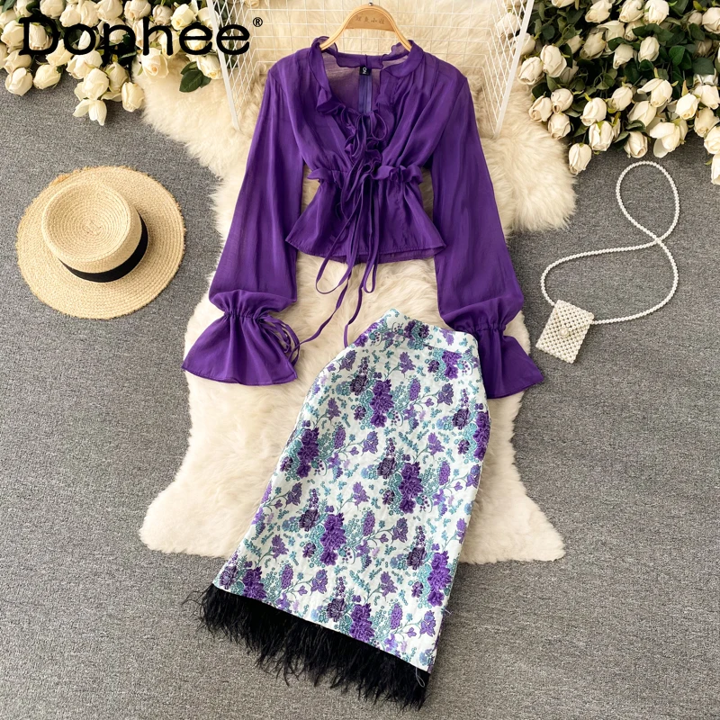 

2022 Spring New Ruffled Long-Sleeve Purple Chiffon Shirt Skirt Two-Piece Set Women Printed Feather Mid-Length Skirts 2-Piece Set