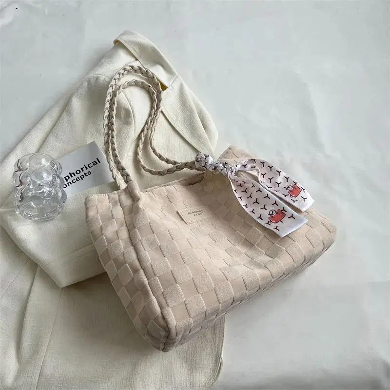 2023 New High Capacity Tote Bag Commuter Cute Women's Bag Premium Canvas Bag Casual Plaid Square Solid Color Shoulder Bag