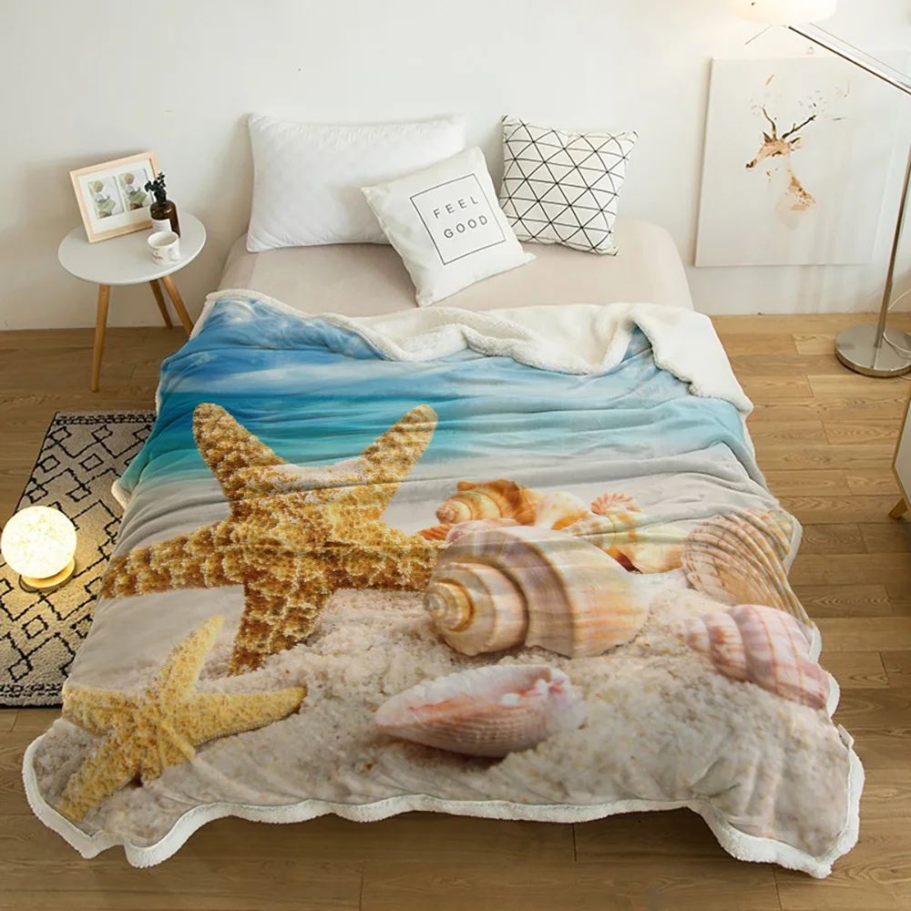 

Beach Sea Starfish Shells Blue Sky Lamb Cashmere Fleece Blanket Home Bed Sofa Winter Sherpa Bedding Kids Thick Bedspread