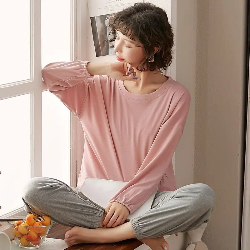 QWEEK Pajama Set Women Solid Color Long-sleeved Trousers Pijamas Bunch Cuffs Home Clothes Sleep Wear Summer Autumn Pyjamas Soft