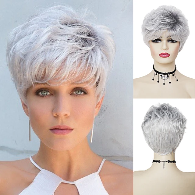 GNIMEGIL-Peluca de cabello sintético con flequillo para mujer, cabellera de color gris plateado con flequillo, estilo Natural, sin gorro 1