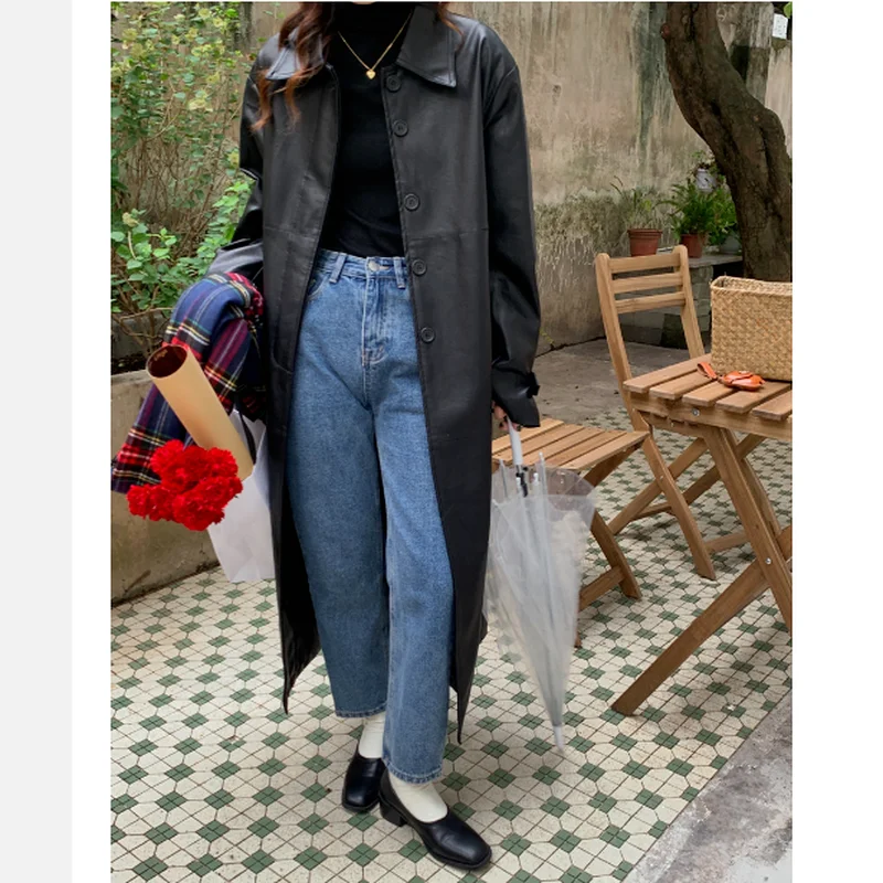 New Autumn and Winter Women's PU Long Faux Leather Jacket Windbreaker Lapel Tie with Loose Waist Fashion Leather Lace Up Jacket