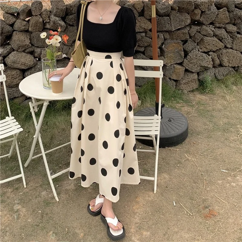 

2021 Vintage Polka Dot Big Swing A-line Skirts Summer Slimming High Waist Elasticity Skirt Women Print Long Skirt Casual Female