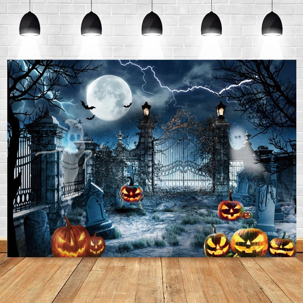 

Halloween Night Party Pumpkin Backdrop Full Moon Cemetery Bat Kids Baby Birthday Portrait Photography Background Photo Studio
