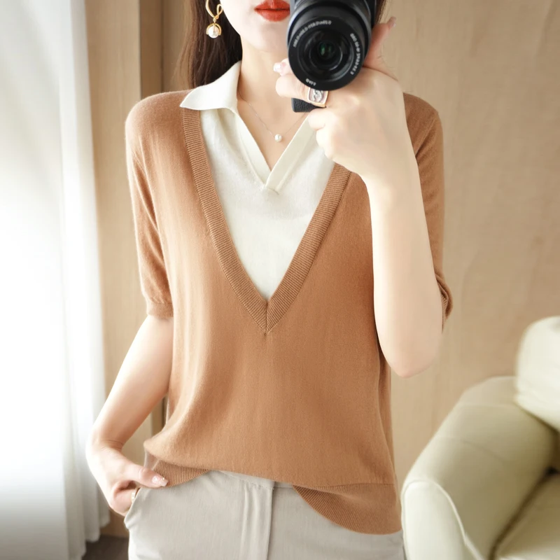 2022 New lapel short-sleeved women's T-shirt solid color knitted wild summer wool sweater thin pullover promotion S-XXL |