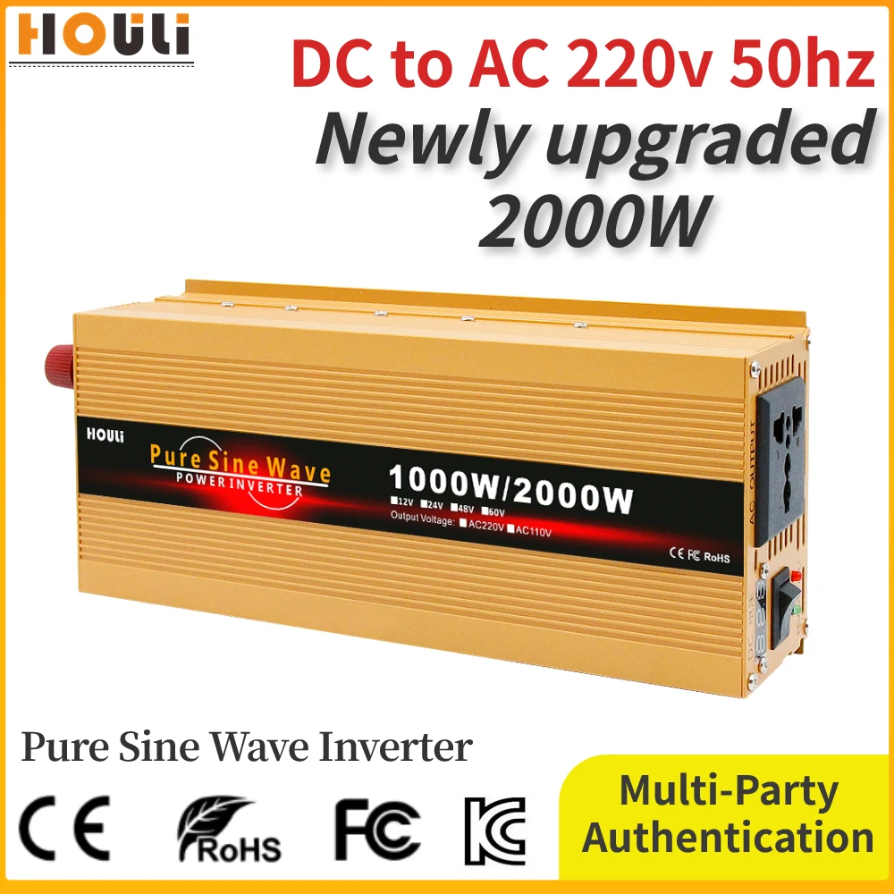 

Power Inverters DC 12V 24V 48V 60V To AC 220V Pure Sine Wave Inverter 2000W Voltage Converter Transformer Universal Socket 60hz