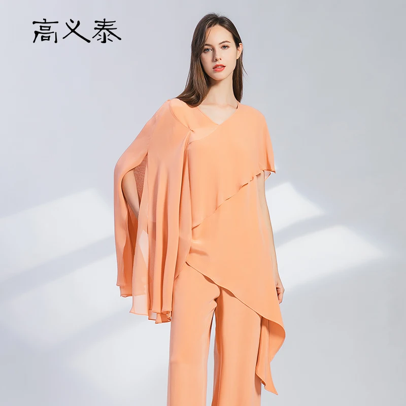 

High End Asymmetrical Georgette Silk Flying Sleeves V-Neck Diagonal Ruffled Embellishment Gentle 100% Heavy Silk T-shirt BY131