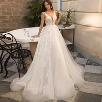 v neck spaghetti straps wedding dress tulle 2022 a line beach applique vestido de novia elegant woman button back bride dress