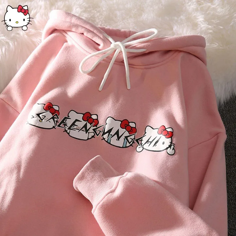 

Miniso Sanrio Hello Kitty Autumn Hoodie Girl Kawaii Sweet Cool Top Couple Loose Vintage Harajuku Style Vintage Clothes Y2K Women