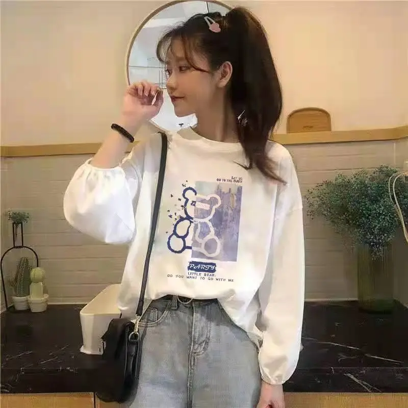 

Long Sleeve Women's T-shirts Clothes Tops Lantern Sleeve Pulovers Korean Casual Fashion Graphic College Style Autumn Elegant New