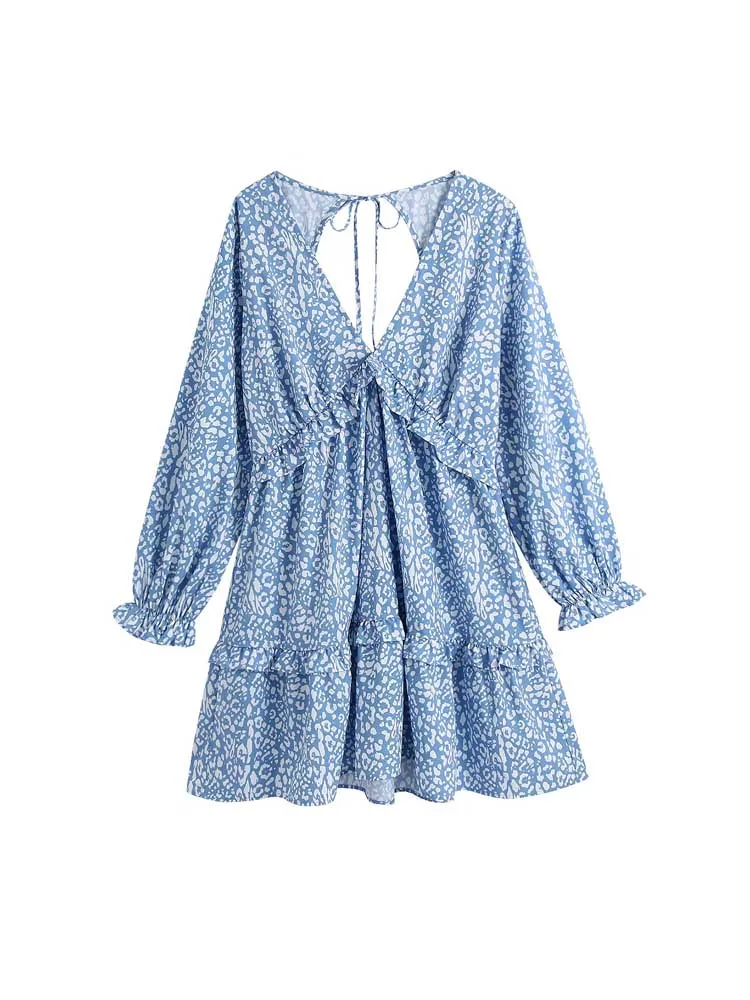

2022 Summer Women Vintage Mini Dress Print Long Sleeve V-Neck Ruffles A-Line Female Fashion Street Dresses Vestidos