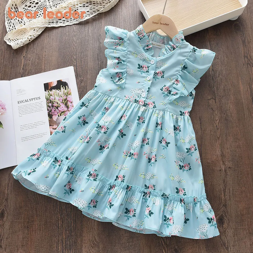 

Bear Leader Floral Summer Dress Children European and American Style Princess Dress Kids Fly Sleeve Flower Blue Clothes Dresses