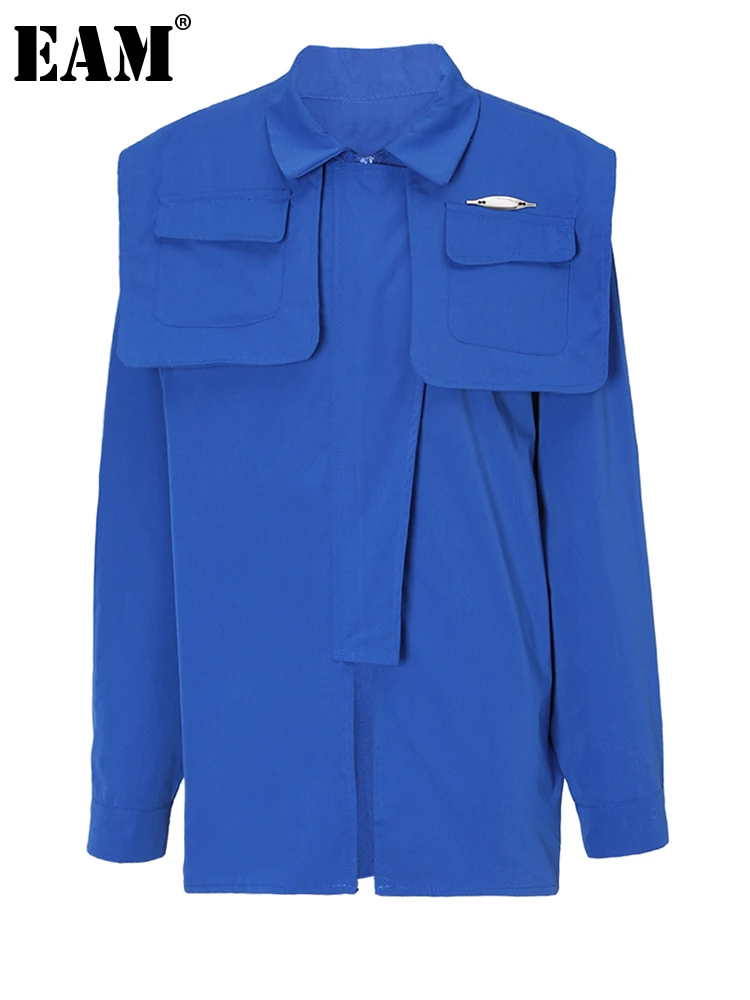 

[EAM] Women Blue Pocket Shaped Big Size Blouse New Lapel Long Sleeve Loose Fit Shirt Fashion Tide Spring Autumn 2023 1DF3505