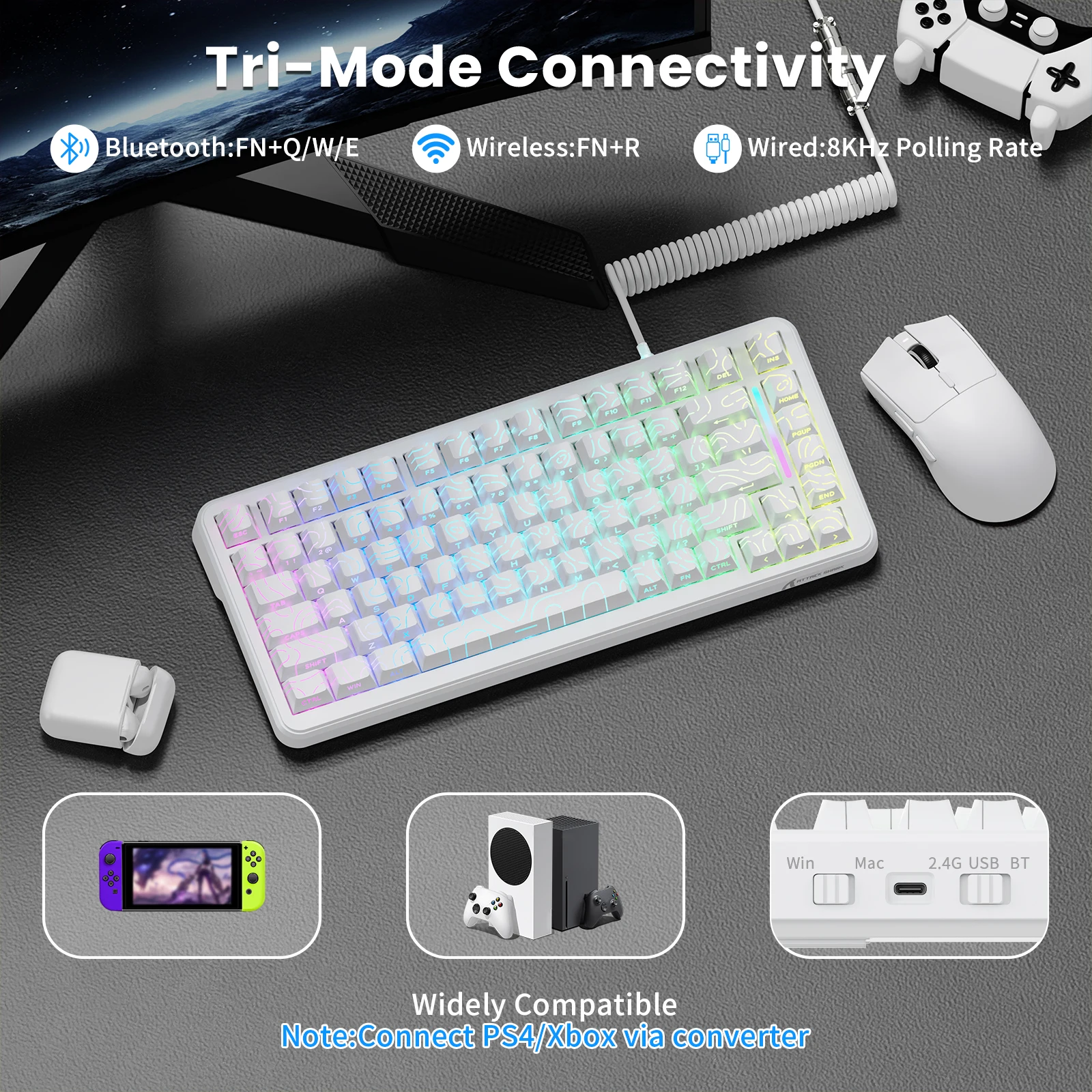 Фото Беспроводная игровая клавиатура ATTACK SHARK X82PRO HE 75% Tri-Mode с витым кабелем, магнитными переключателями 8000 Гц, RT 0.01 мм, 5000 мАч, с возможностью горячей замены №3