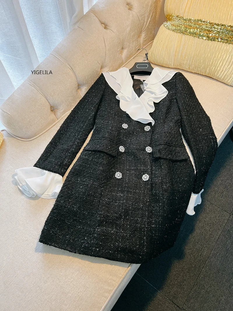 YIGELILA женский черный твидовый пиджак платье дизайн с оборками и бриллиантами