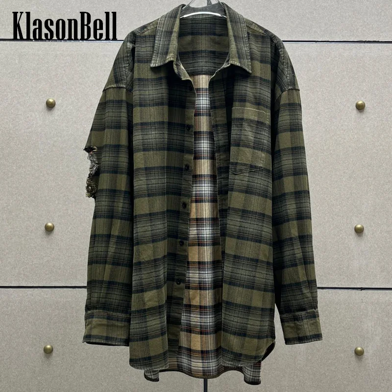 10.27 KlasonBell Женская двусторонняя рубашка в клетку контрастного цвета потертая