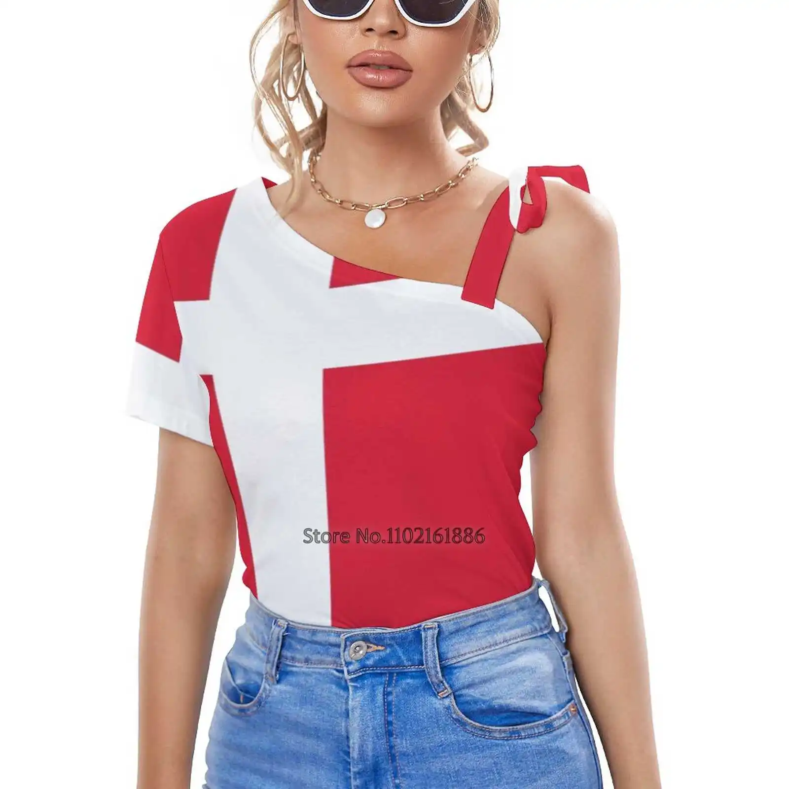 Женские футболки с принтом датского флага топы на молнии V-образным вырезом