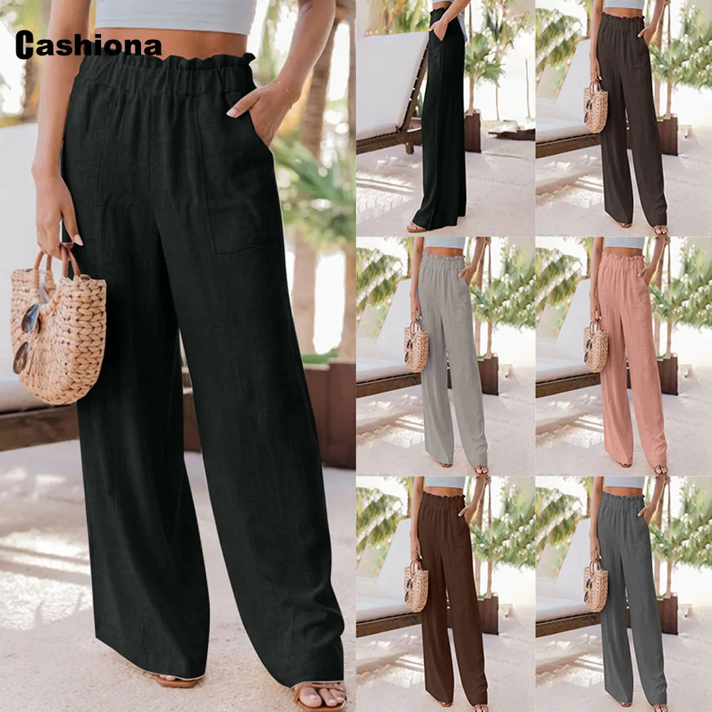 Women's Latest Casual Pocket Design Pants Solid Elastic Waist Trouser Women High Cut Wide Leg Pantalon Female Ankle-Length Pants