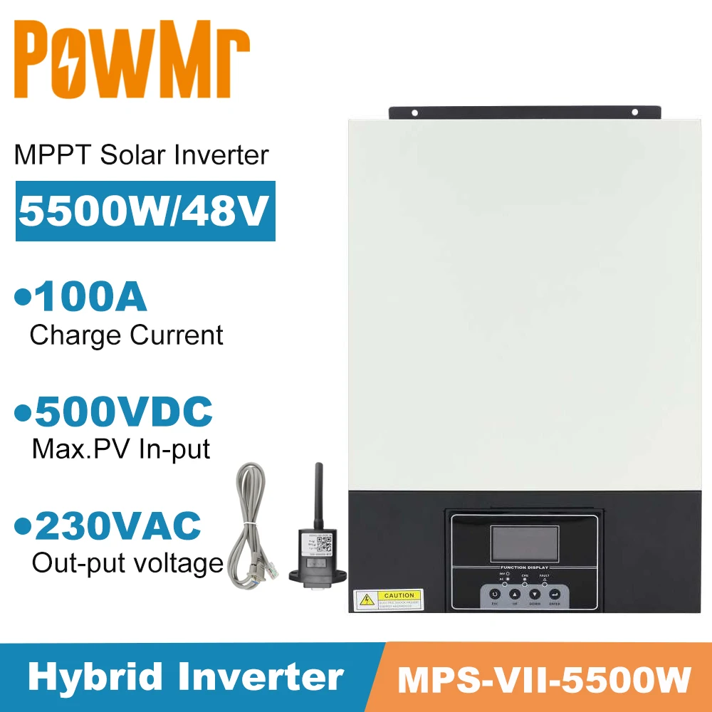 

PowMr 5500W Solar Hybrid Inverter Pure Sine Wave 48V 220VAC Build In 100A MPPT Solar Charger PV 500V Input Screen Can Be Moved