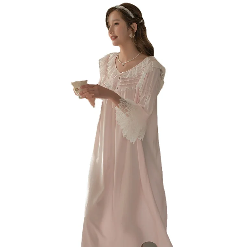 Palace Princess Nightdress Women's Spring Autumn 2022 New Mesh Long Sleeve Nightgown Home Clothes Sleepwear Lady Dress Nightwear