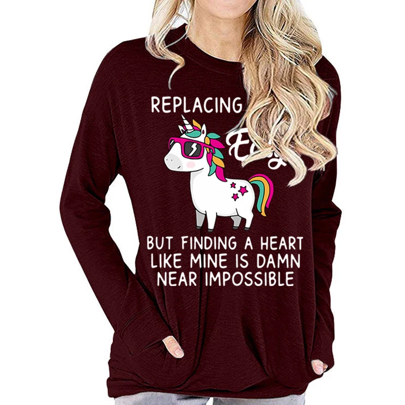 Funny Cute Unicorn T Shirts Women Satirical Humor Tops Replacing Me Is Easy Letter Graphic Tshirts Long Sleeve T-shirts