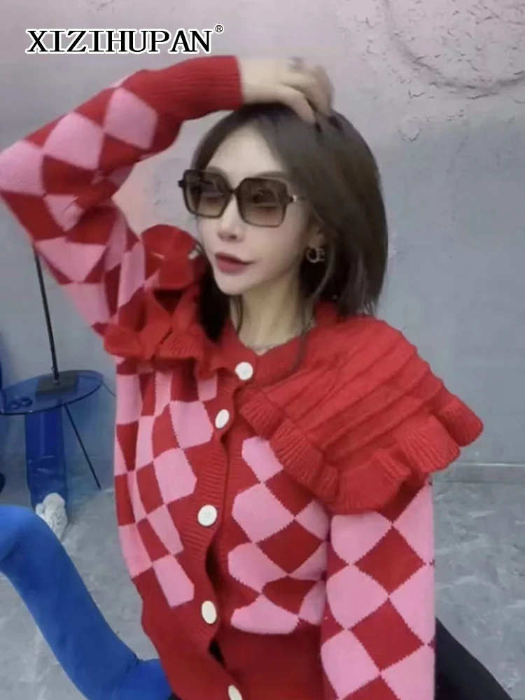 

XIZIHUPAN Vintage Casual Argyle Print Sweater For Women Lapel Long Sleeve Colorblock Loose Blouse Female Spring Fashion 2022 New