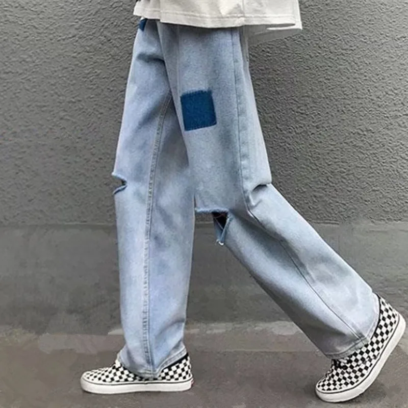 2022 New Fashion Hole Ripped Straight Men Hip Hop Baggy Jeans Trousers Patchwork Retro Washed Loose Denim Pants Pantalon Homme