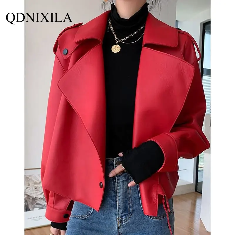 Jackets for Women 2023 Korean Fashion Women's Leather Jacket Loose Short Motorcycle Sheepskin Leather Jacket Women
