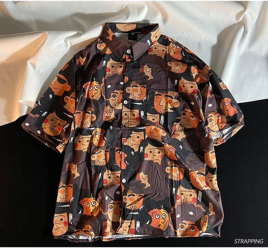 

Japanese Cartoon Full Print Flower Shirt Vintage Button Up Women Blouse Summer Shirts Men Ruffian Handsome Thailand Hawaii Shirt