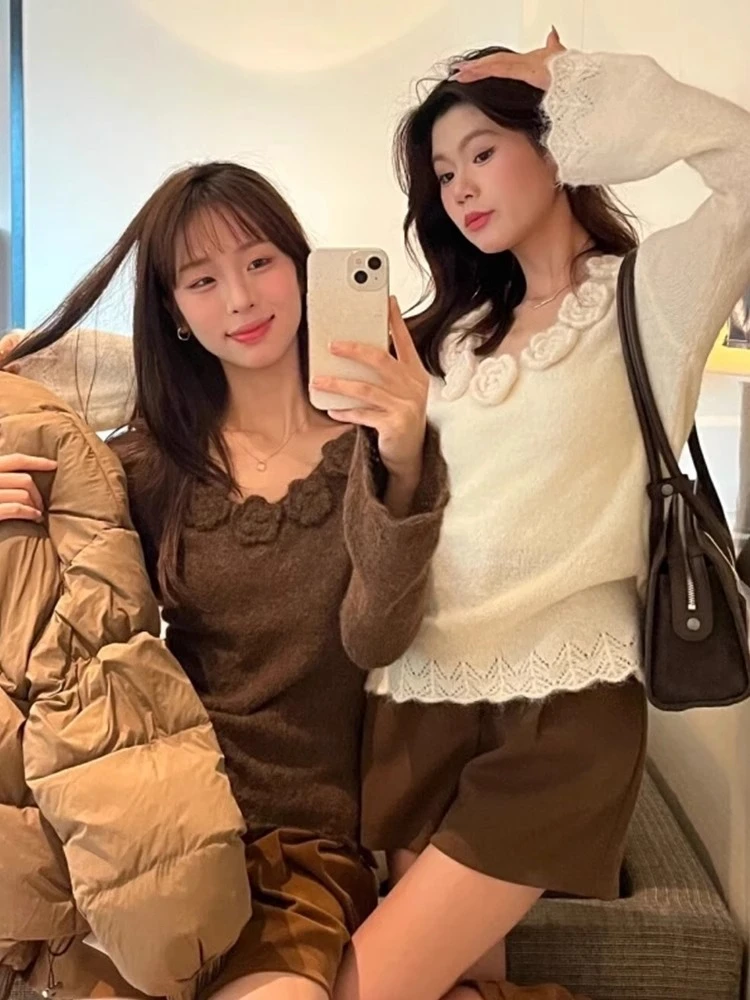 Свитер с 3D цветочным принтом топы женская одежда милый однотонный джемпер Pull Femme