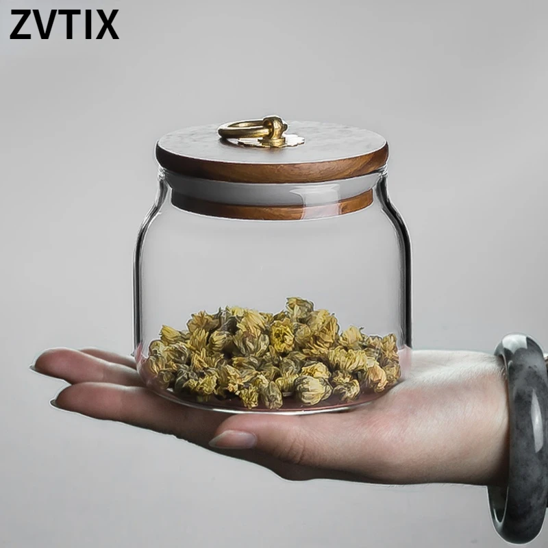 

Portable Home Decor Storage Spices Jars Transparent Glass Wooden Lid Portable Sealed Glass Tea Cans Transparent Household Tank
