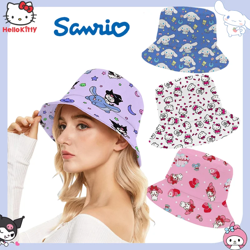 

Sanrio Kawaii Hello Kitty Fisherman Hat Anime Kuromi My Melody Cinnamoroll Print Outdoor Casual Big Brim Sun Hat Bucket Hat