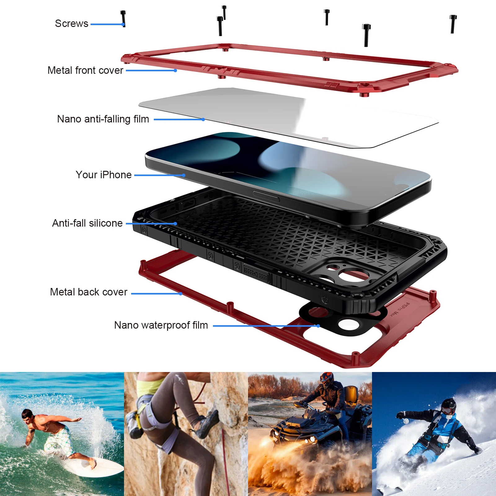 Armor 360 Heavy Duty Metal Protection Case lP68 Waterproof Shockproof Cover for Apple iPhone 15 Pro Max Plus