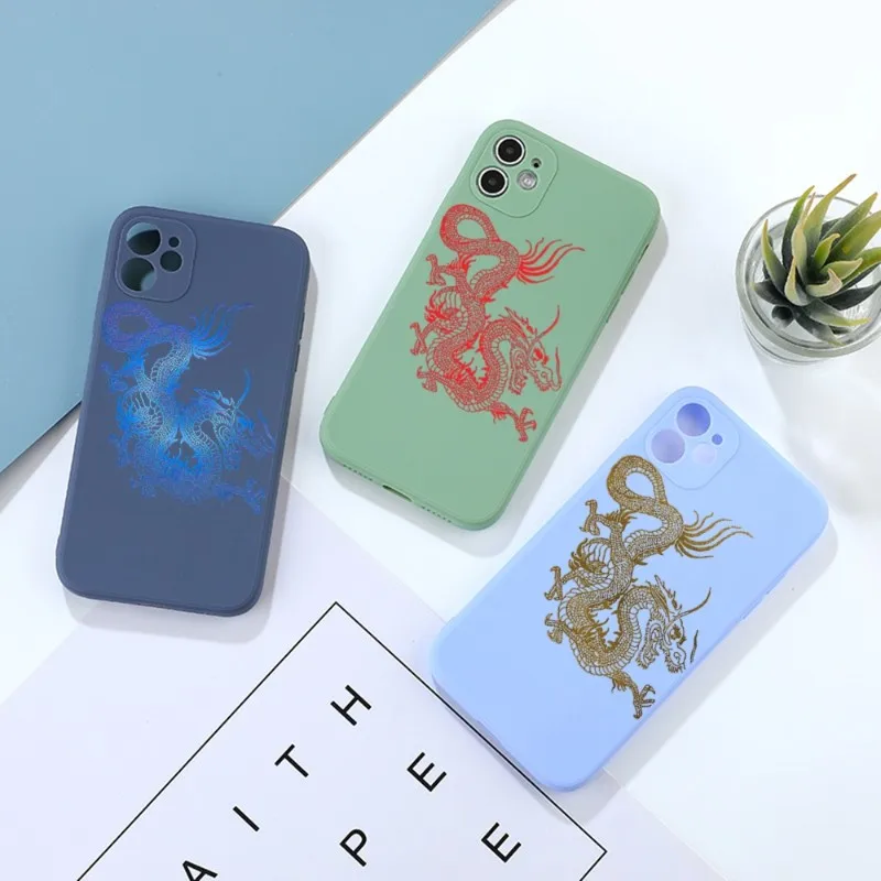 Fashion Unique Aesthetic Dragon Phone Case For IPhone 14 11 12 13 Pro Max X XR XSMax 6 6S 7 8 Plus Soft Square Color Phone Cover