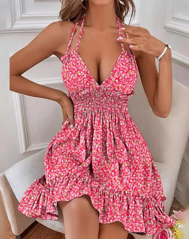 

Dresses for Women 2023 Summer New Casual Fashion Ditsy Floral Shirred Ruffles Halter Casual Dress Beach Vacation