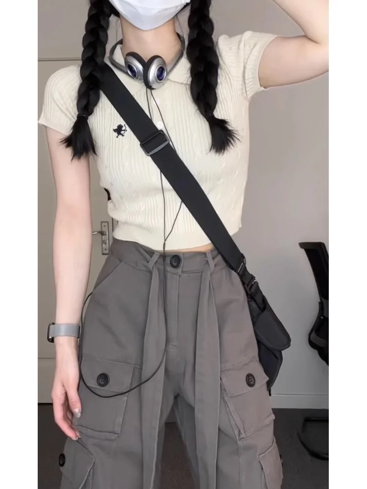 Женская Винтажная Футболка-поло с коротким рукавом и высокой талией