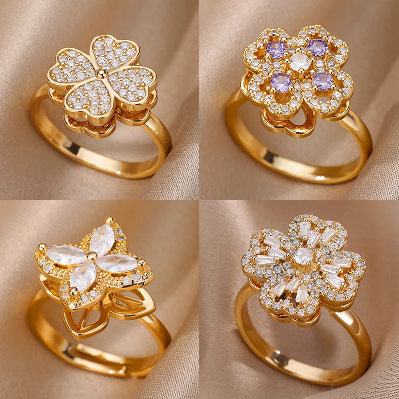 Bagues d'anxiété rotatives à quatre trèfles pour femmes, couleur or, bague de mariage réglable en acier inoxydable, bijoux esthétiques, cadeau anillos