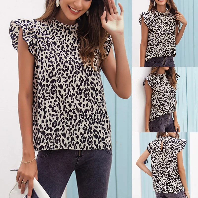 

Ladies High Neck Petal Sleeve Leopard Print Fashion Tops Picture Color