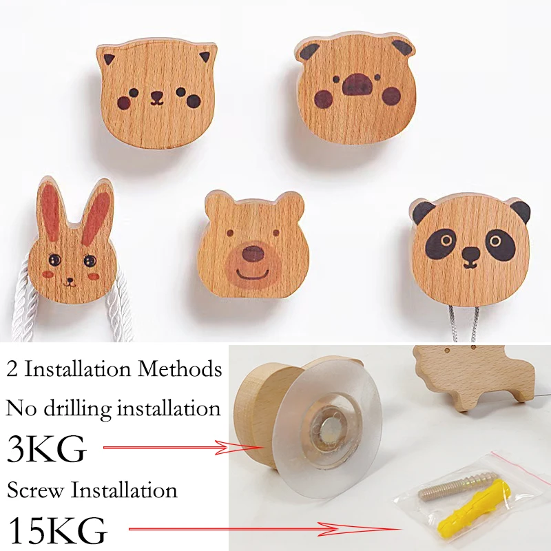 

Wooden Cute Animal Coat Hook Solid Wood Rack Clothes Key Decoration Hook Wall Living Room Door Storage Rack Adhesive/Punching