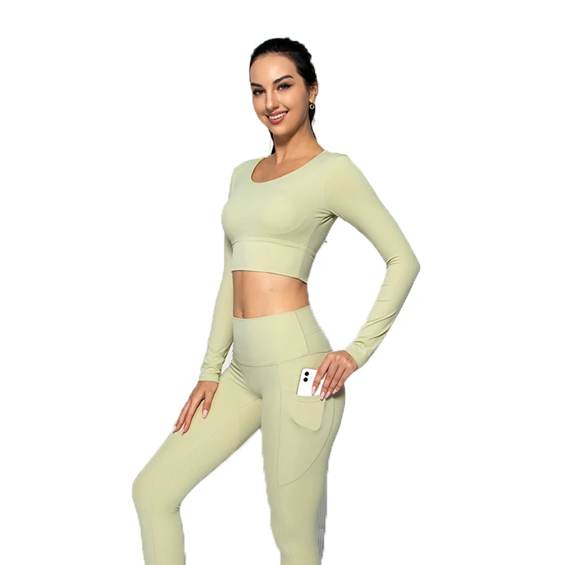 

Элегантный женский тренировочный костюм с открытой спиной, накладки на грудь, осенняя одежда, из двух предметов, длинный женский антистатич...